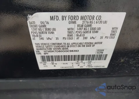 2016 Ford Explorer Xlt из США, поврежденный, VIN 1FM5K7D80GGC98393